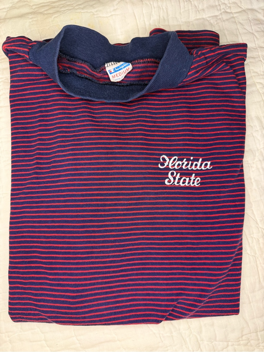 VTG 70s Champion Florida State Single Stitch Blue Bar Striped T Shirt USA MED